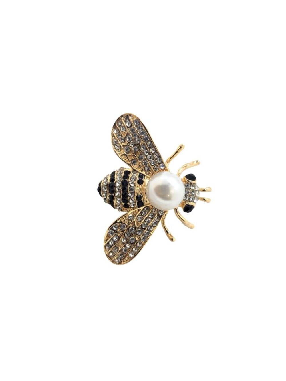 Gold Bumble Bee Pearl Brooch Pin with Sparkling Crystals, Vintage Insect Jewelry - Picture 4 of 5